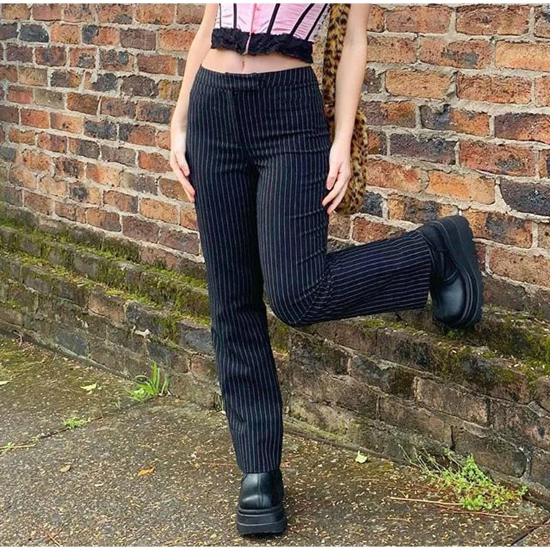 Bold Shade Gothic E-girl Style Striaght Pants Stripe Skinny Women Streetwear Fashion Trousers 90s Punk Autumn Winter Pants 2020