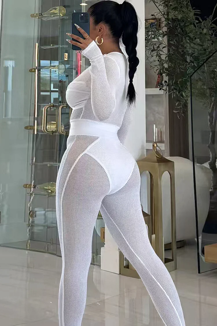 See Through Mesh Long Sleeve Crop Top Slim Fit Pants Matching Set-White