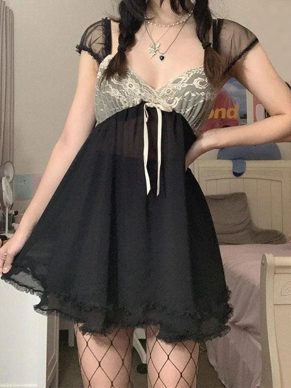 Brownm Fairy Y2K Patchwork Mesh Mini Dress