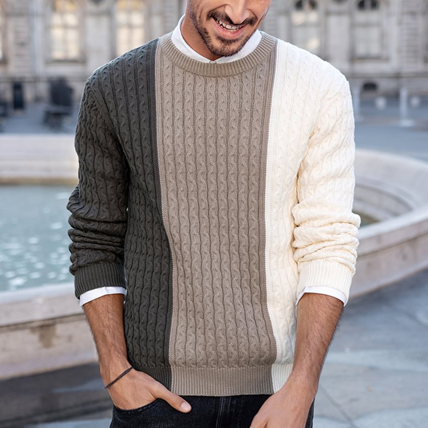 Men's Casual Sweater Colorblock Vintage Round Neck Pullover Knitwear