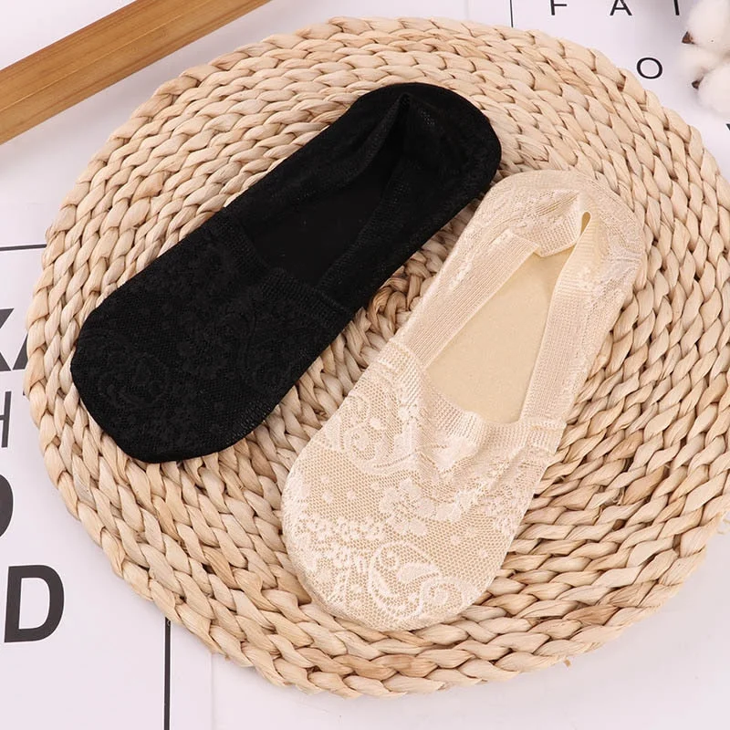 1/2 Pairs Fashion Women Girls Summer Socks Style Lace Flower No Show Short Sock Antiskid Invisible Ankle 2021 Sox Sock Slippers