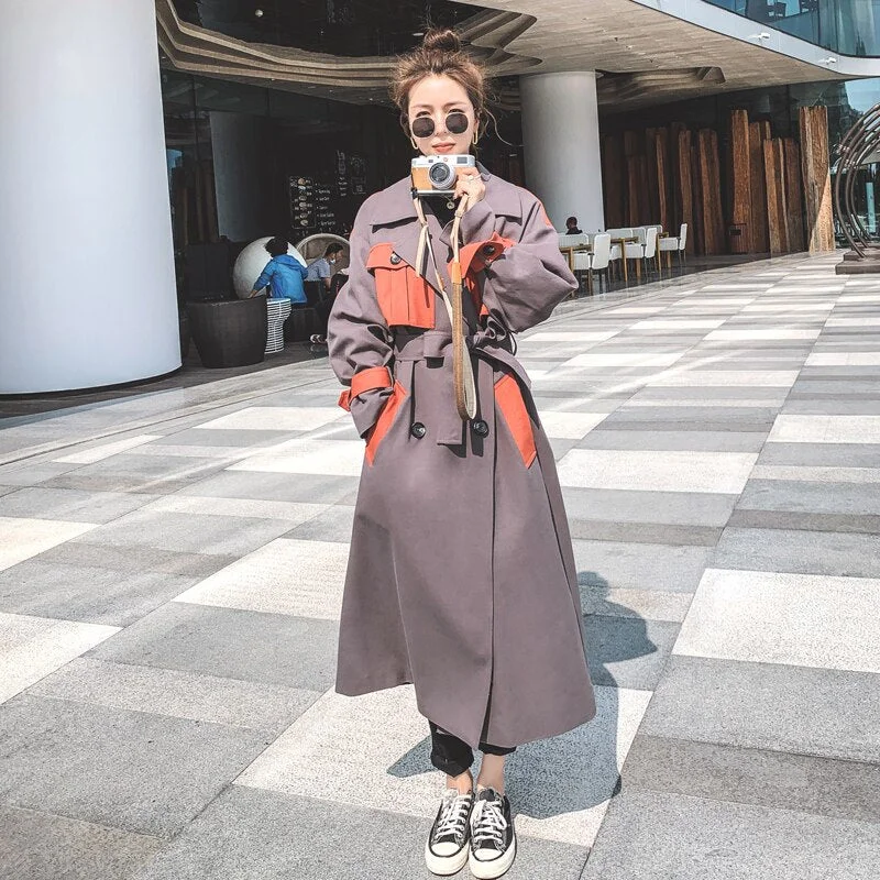 Brand New Oversize Loose Long Trench Coat Women Double-Breasted Patchwork Duster Coat for Lady Spring Autumn Female Outerwear