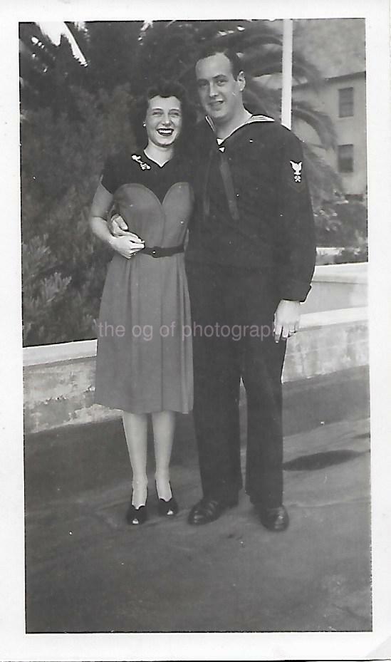 A YOUNG WOMAN AND HER SAILOR Found Photo Poster paintinggraph bw Portrait VINTAGE Navy 06 19 G