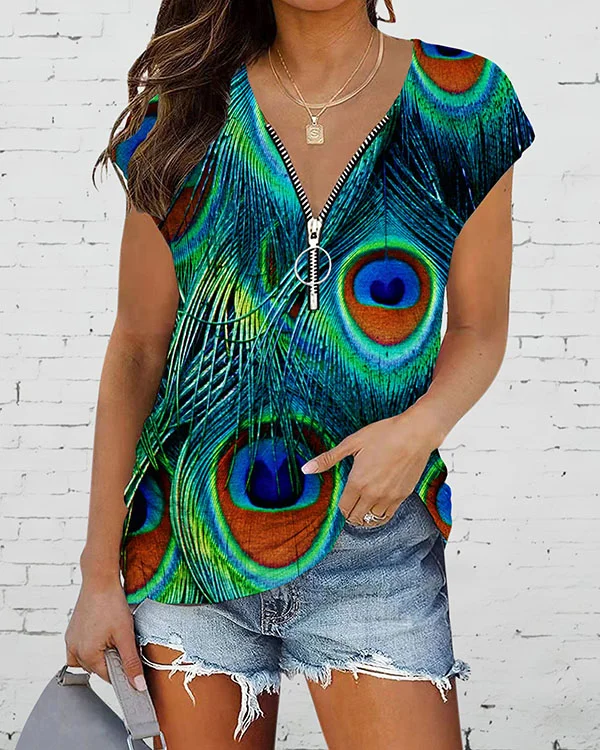 Women's Zipper Gathered Casual Short Sleeve T-Shirt Top