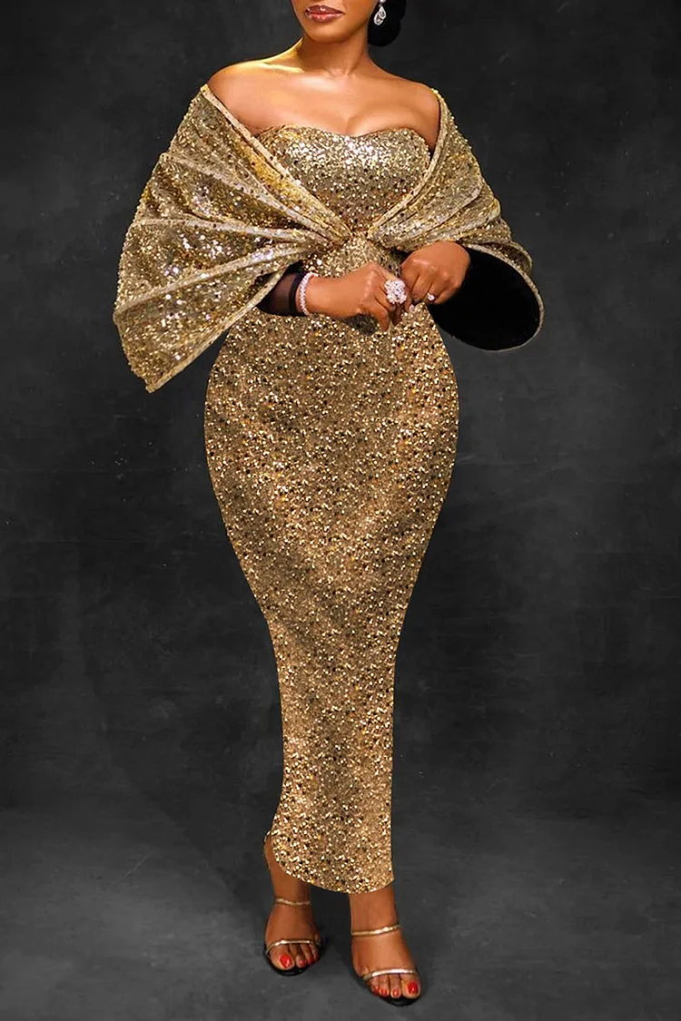 Plus Size Gold Formal Off The Shoulder Sequin Maxi Dress [Pre-Order]