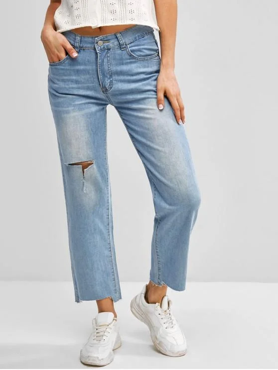 Ripped Frayed Hem Straight Jeans