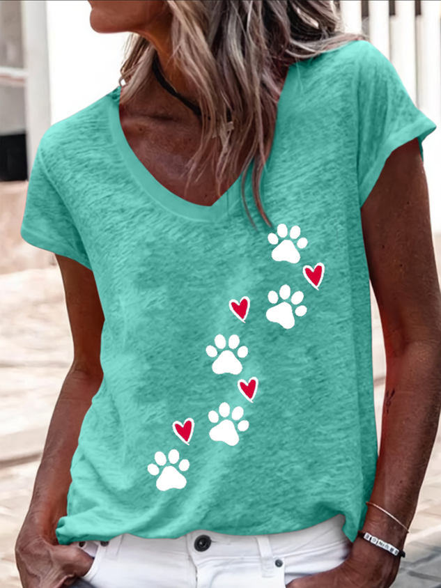 Heart Dog V Neck Regular Fit Cotton-Blend Casual T-Shirt socialshop