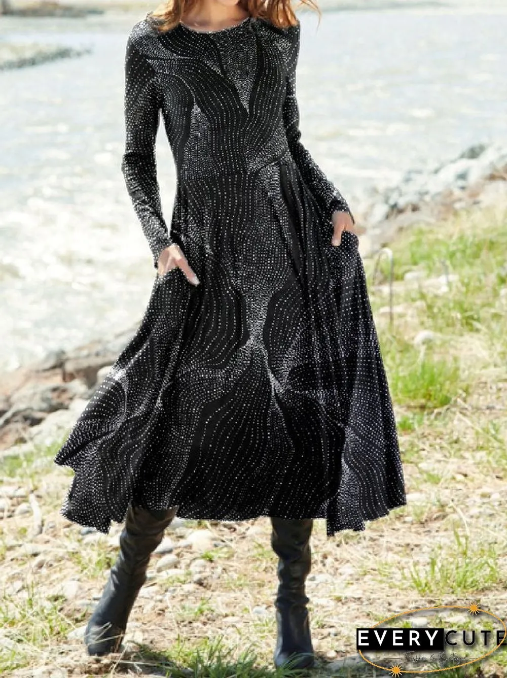 Cotton Blends Geometric Crew Neck Dresses Black Dresses