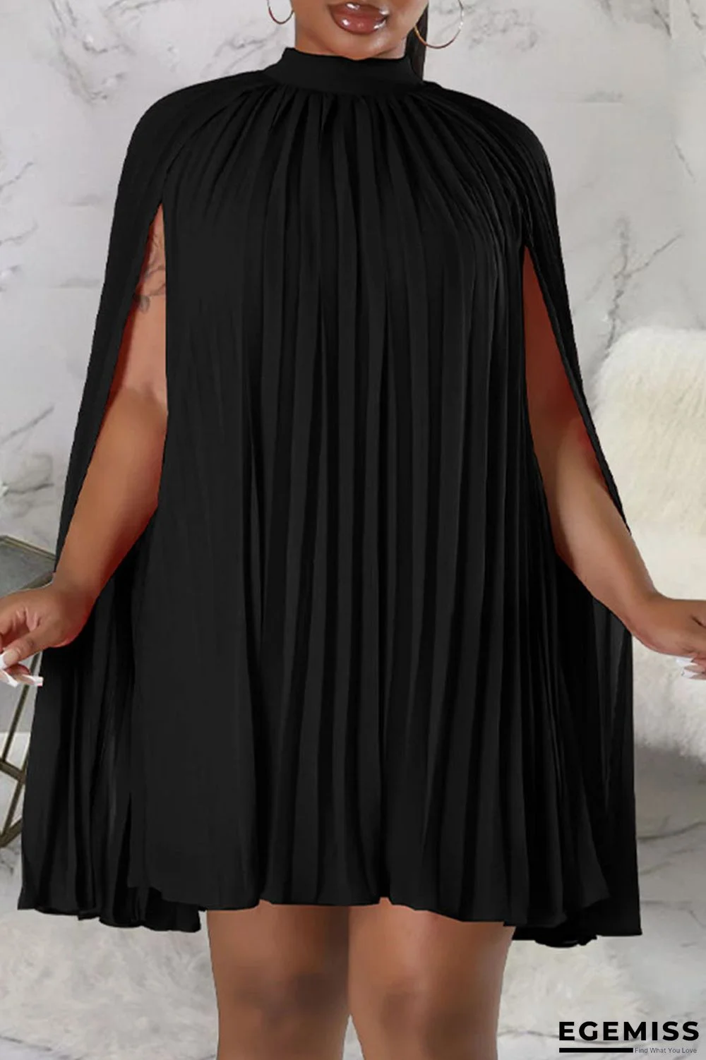 Black Casual Solid Patchwork Fold Half A Turtleneck A Line Dresses | EGEMISS