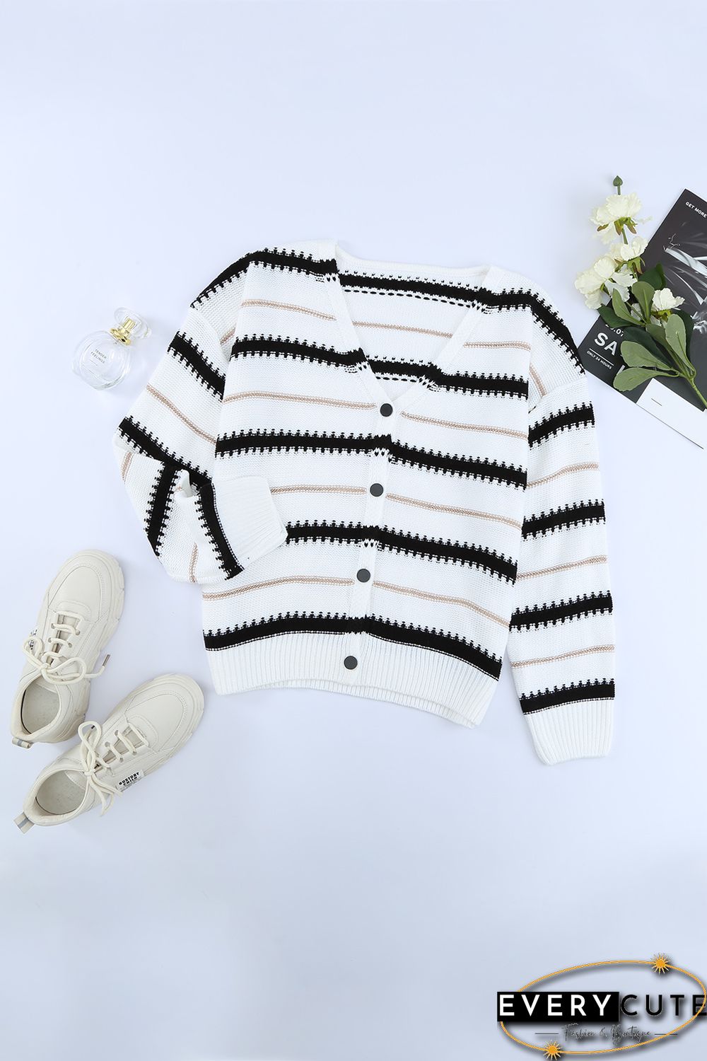 White V Neck Stripes Colorblock Button Cardigan