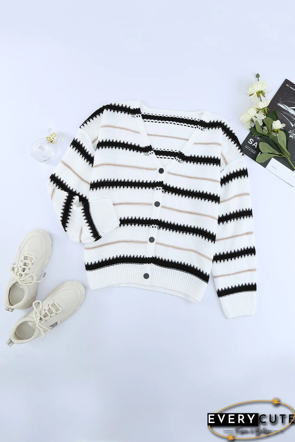 White V Neck Stripes Colorblock Button Cardigan