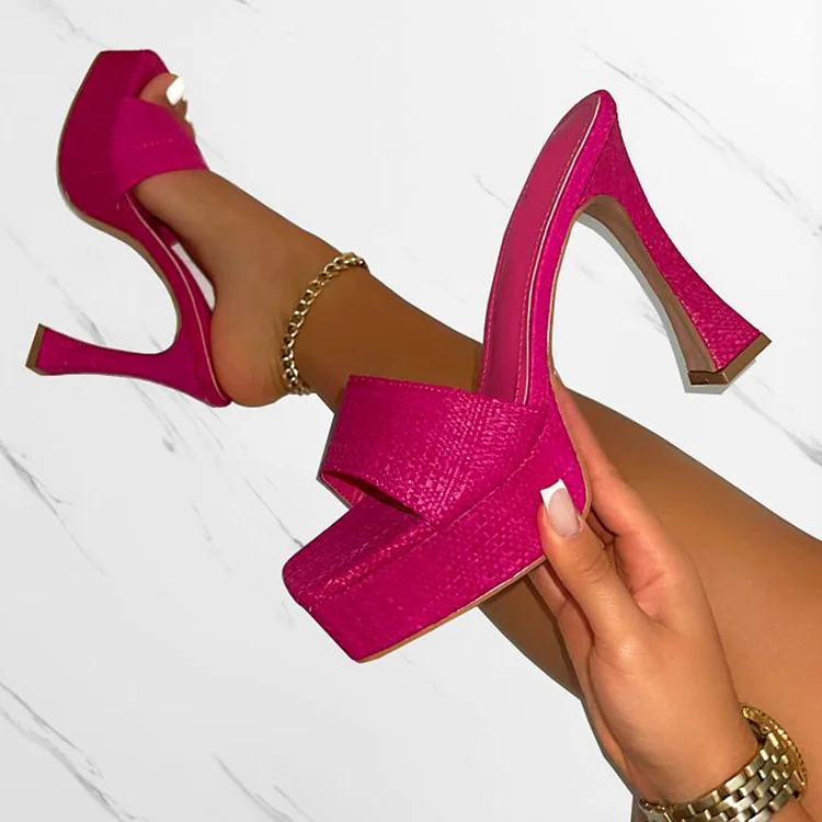Hot Pink Square Toe Sandals Party Flared Heel Platform Mules |FSJ Shoes