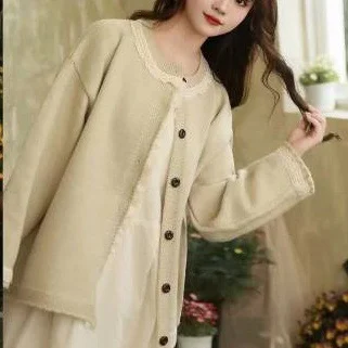 Ueong Lace Chic Knitted Cardigan Jacket Women's 2024 Autumn And Winter New Fashionable Light Green Sweater