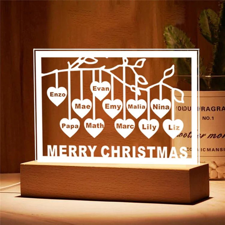 Personalized Family Tree Night Light LED Sign Engraved 11 Names Plaque USB Power Lamp