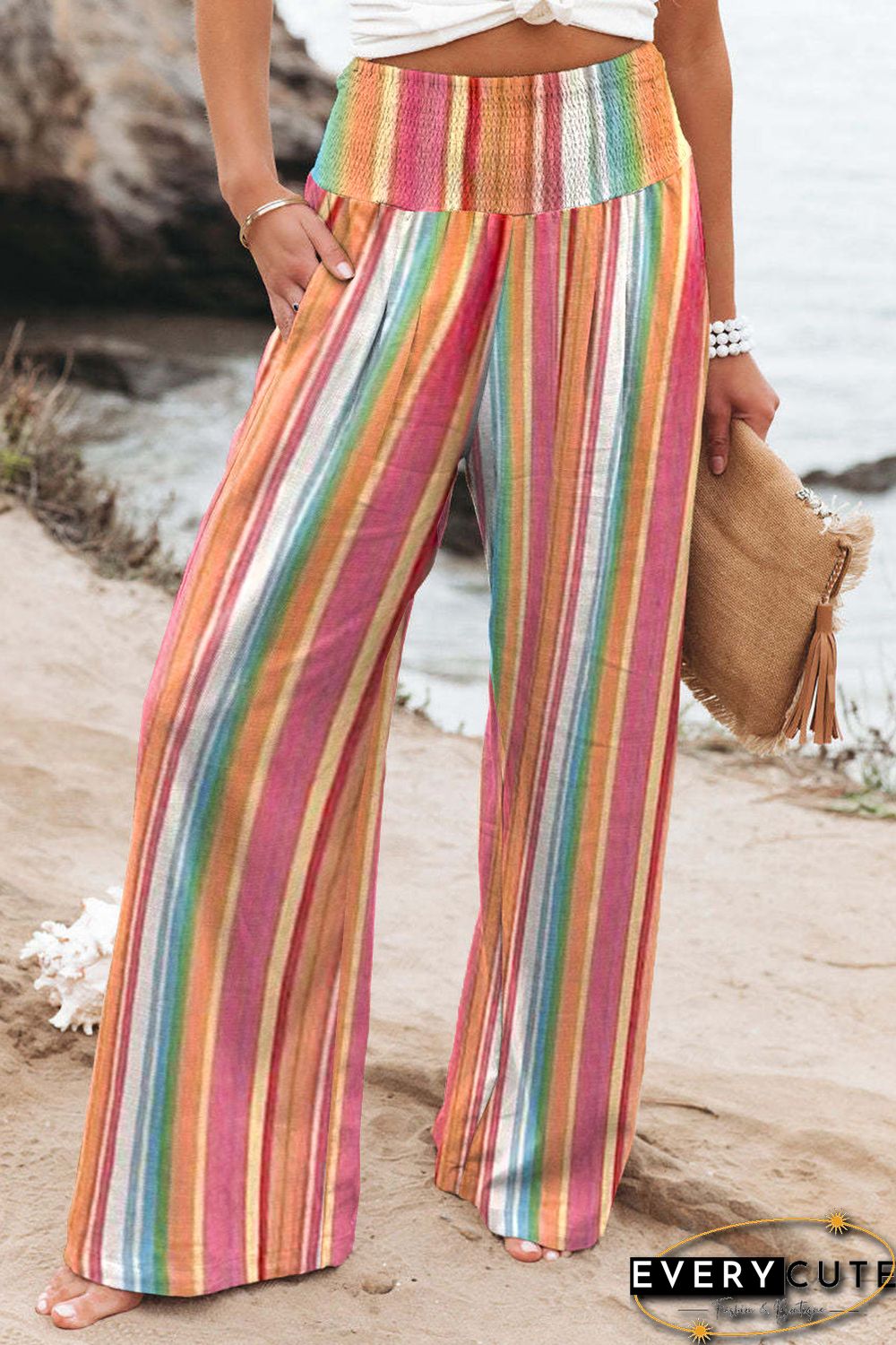 Multicolor Striped Smocked High Waist Wide Leg Pants