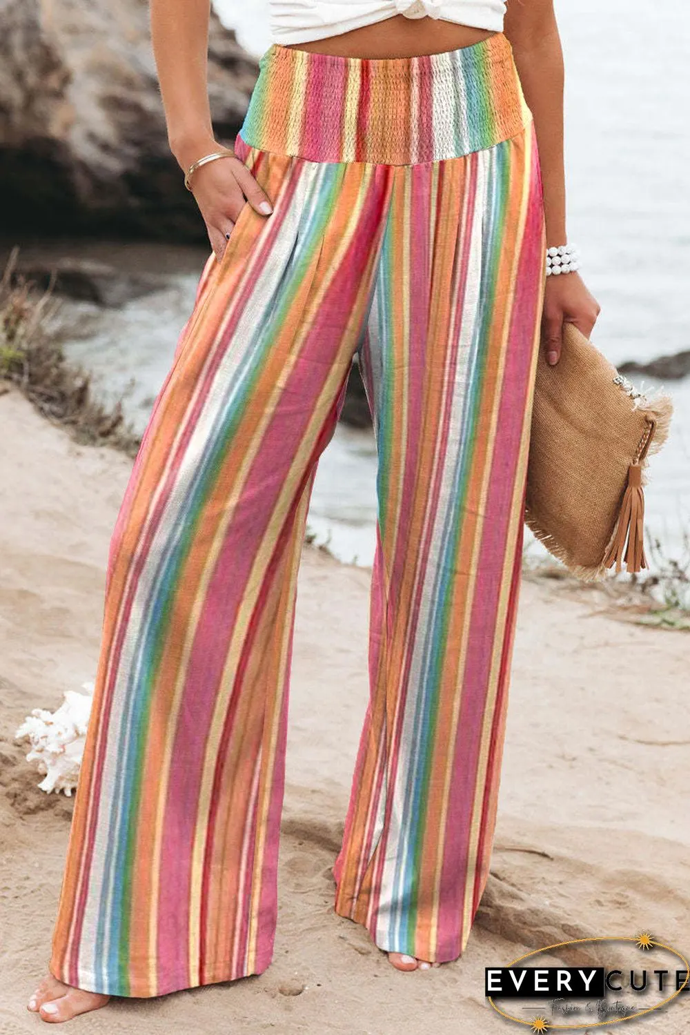 Multicolor Striped Smocked High Waist Wide Leg Pants