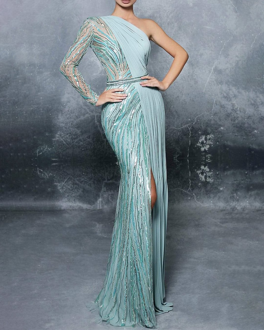 Mesh and sequin embroidered one-shoulder asymmetric gown