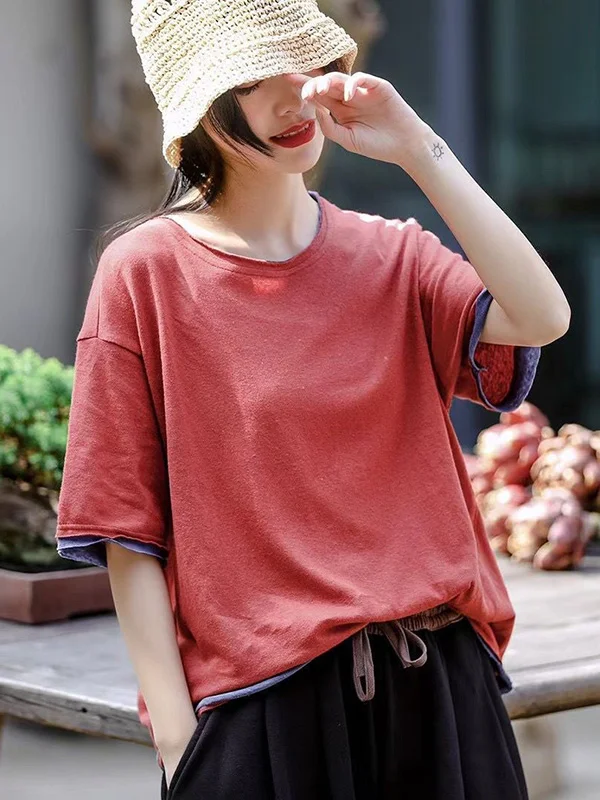Original Round-Neck Half Sleeve Split-Joint T-Shirts Tops