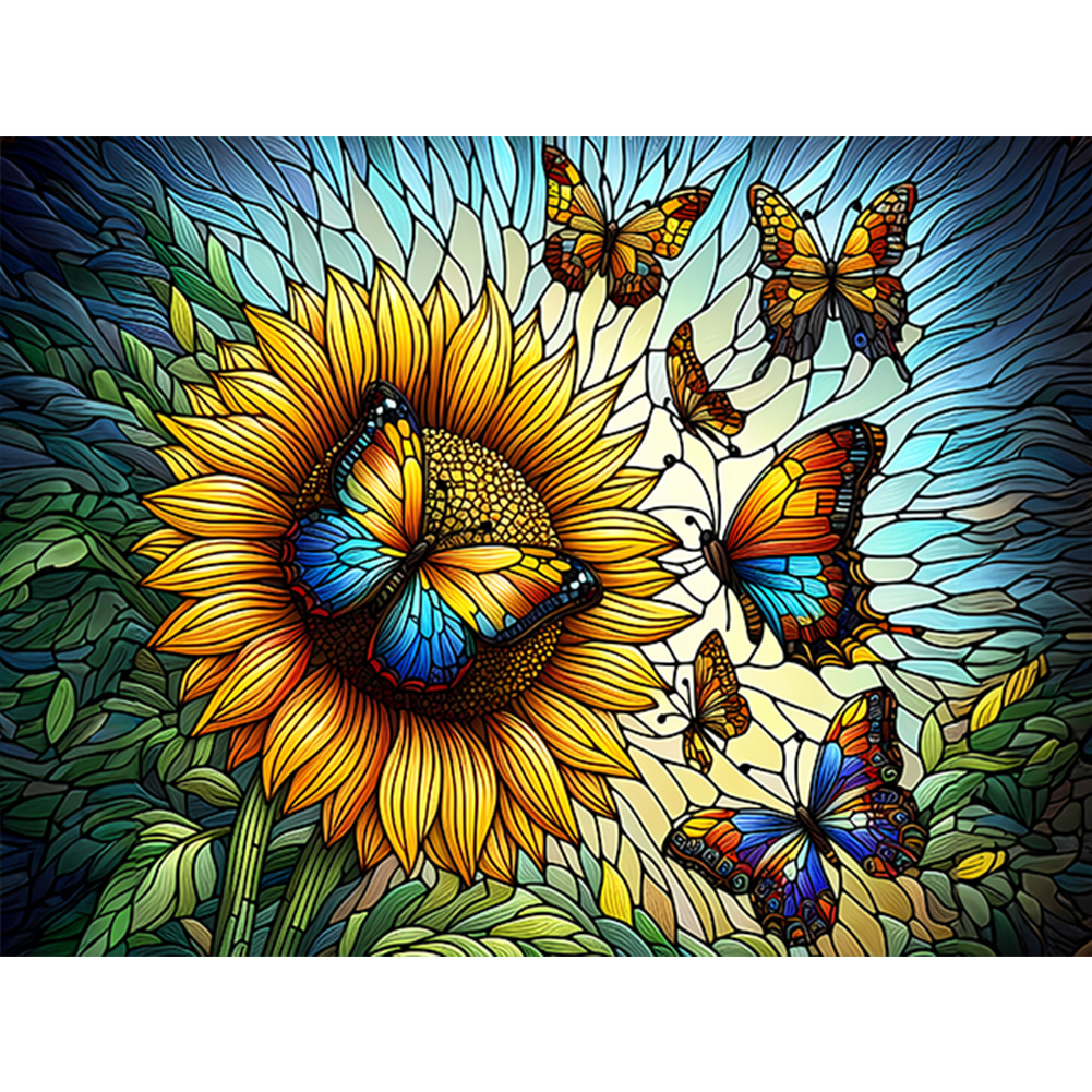 Sunflower Butterfly Glass Painting 40*30cm(canvas) full round drill diamond painting