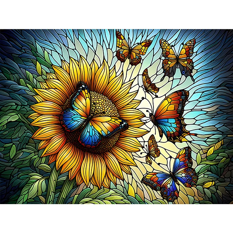 Sunflower Butterfly Glass Painting 40*30CM (Canvas) Full Round Drill Diamond Painting gbfke