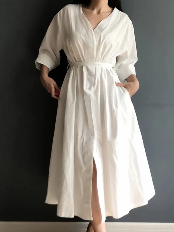 Casual Roomy Pure Color Tied Buttoned Tied V-Neck Long Sleeves Midi Dress