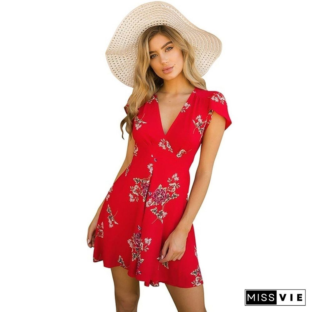 Women Summer Dress V-Neck Cape Short Sleeve Casual Mini Dress Boho Beach Vinatge Floral Print Dress Sundress