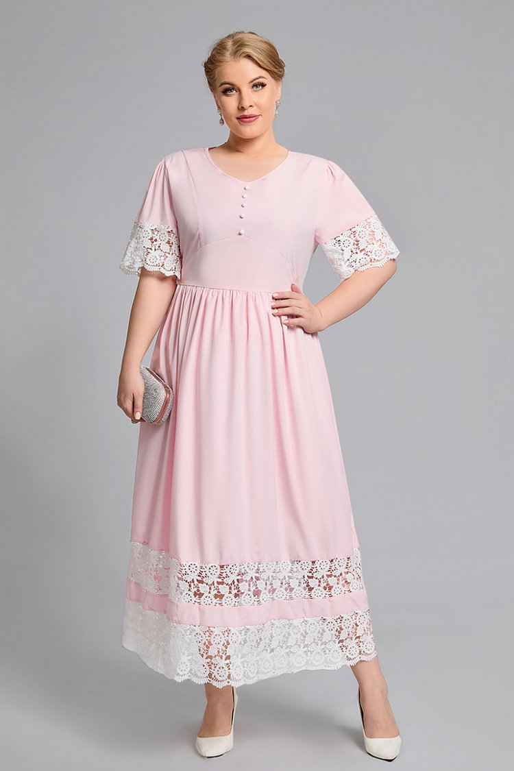 Flycurvy Plus Size Lace Stitching Button Detail Solid Tunic Maxi Dress  flycurvy [product_label]
