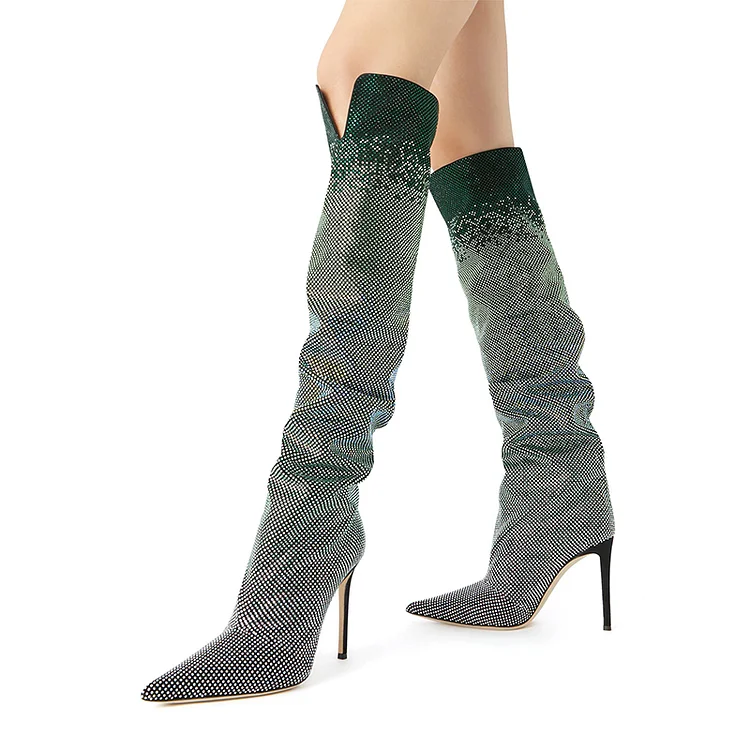 Pointed Knee Boots Women's Elegant Stilettos Heel Rhinestones Booties |FSJ Shoes
