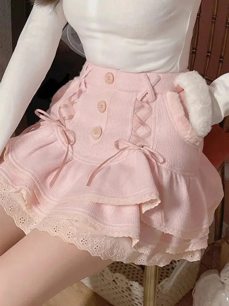 Brownm Ruffled Layered Lace Mini Skirt