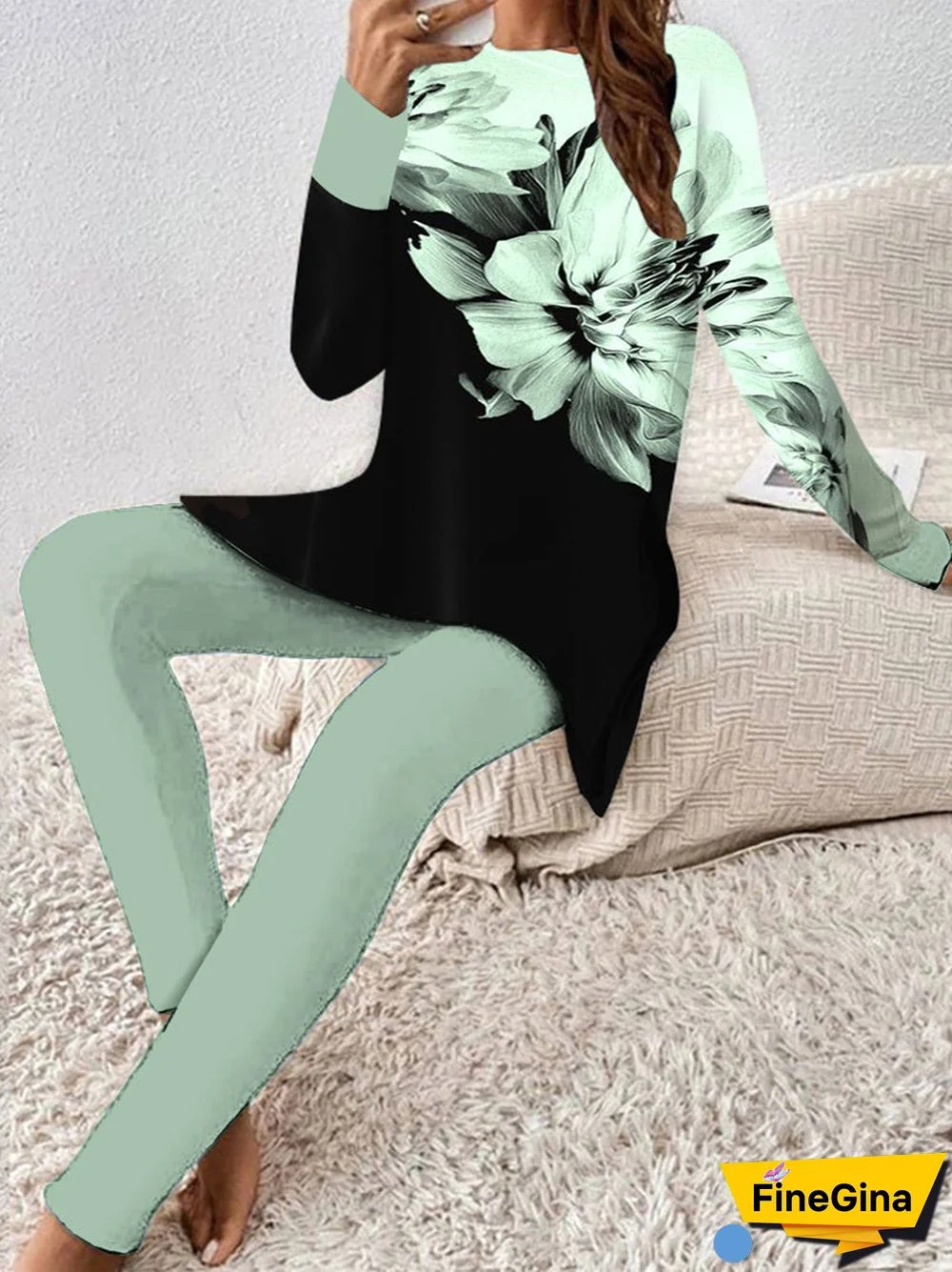 Women Casual Long Sleeve Round Neck Floral Printed Two-Piece Set