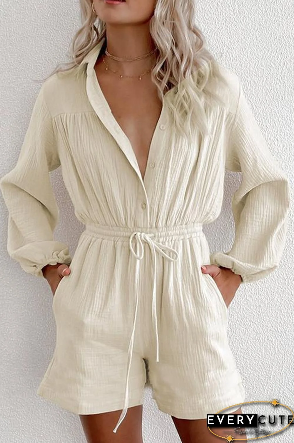 Button Long Sleeve Drawstring Romper