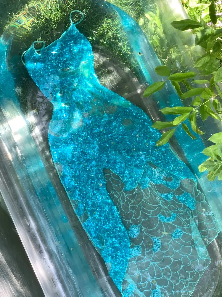 Blue sequined beaded long mermaid elegant chiffon homecoming dress prom dress evening dress birthday party dress date dress