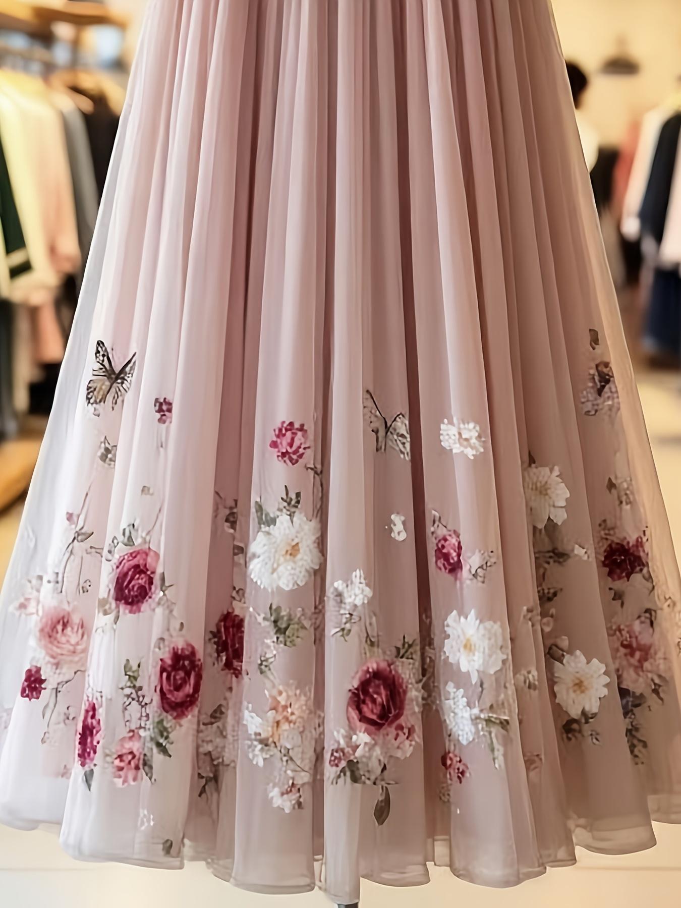 Elegant Floral Pattern Mesh Long Fitted Skirt, Women's Fashion Clothing, Perfect for Parties & Special Occasions
