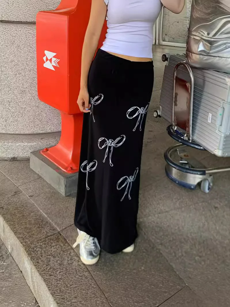 Uveng 2024 Vintage Blinding Bow Print Slimy Half-Dress Woman Low-Waist Drawstring Tie With Loose Straight Dress