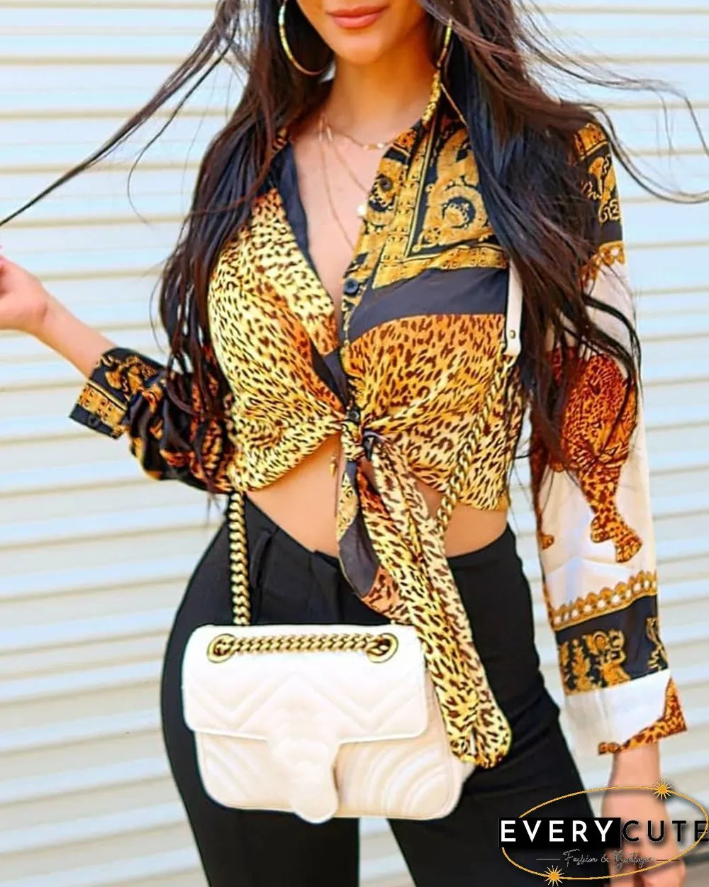 Leopard Print Knot Front Long Sleeve Blouse