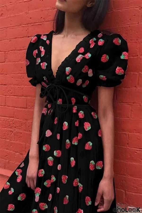 Strawberry Embroidery Midi Dress