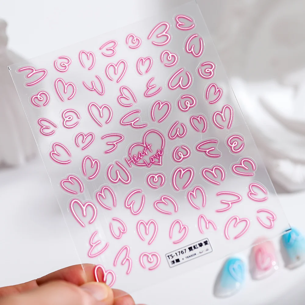 Churchf Nail Art Stickers Adhesive Sliders Pink Blue Heart DIY Line Nail Transfer Decals Foils Wraps Decorations Z0635-Nail Inspo