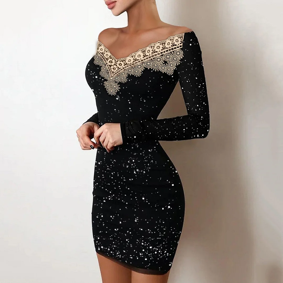 Sexy Long Sleeve Spring Fall Mini Dress Lace Off Shoulder Fashion Elegant Casual Tight Short Dresses For Women Streetwear Black