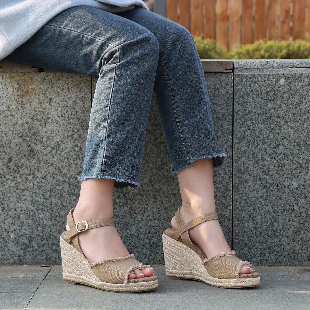 115mm/4.5" Women's Fashion Platform Espadrille Wedge Heels Ankle Strap Sandals-vocosishoes