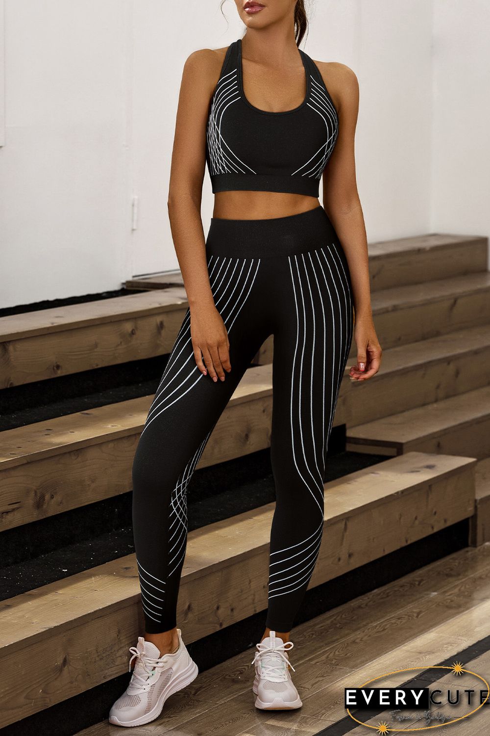 Black Striped Racerback Tank Top and High Waist Pants Active Set