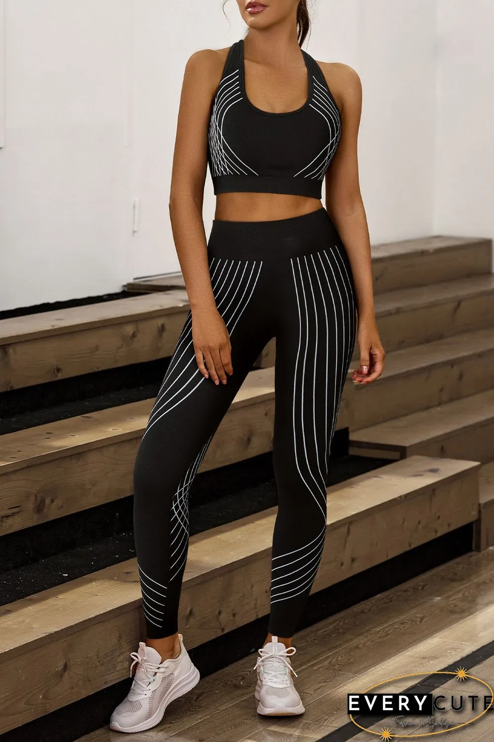 Black Striped Racerback Tank Top and High Waist Pants Active Set
