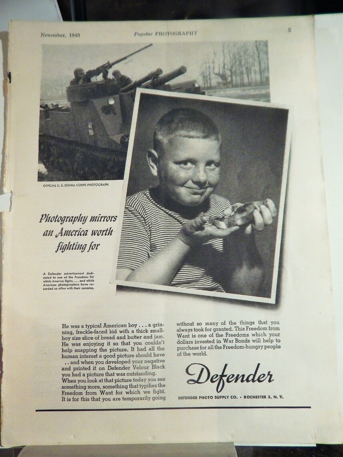 DEFENDER Photo Poster painting SUPPLY CO ROCHESTER NY ORIGINAL VTG 1943 AD,