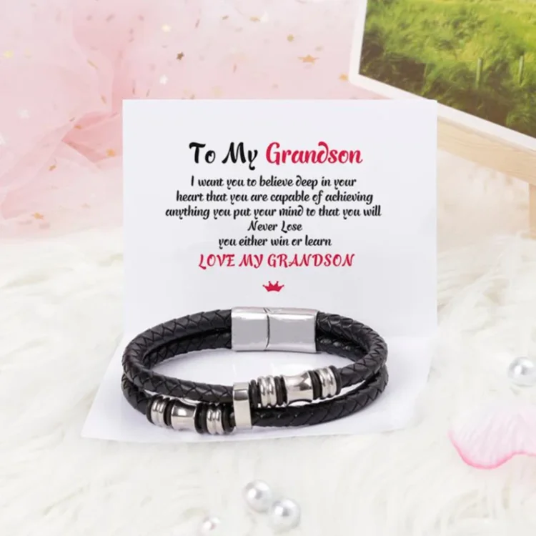To My Grandson, Inspirational Leather Bracelet Bangle with Message Card Gifts For Him