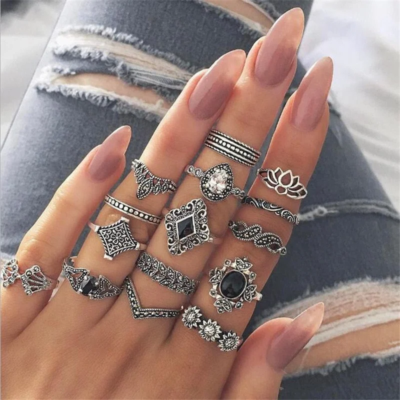 15 Pcs/set HOT SALE Bohemian Retro Crystal Flower Leaves  Gem Silver color Ring Set Women Wedding Anniversary Party Gift