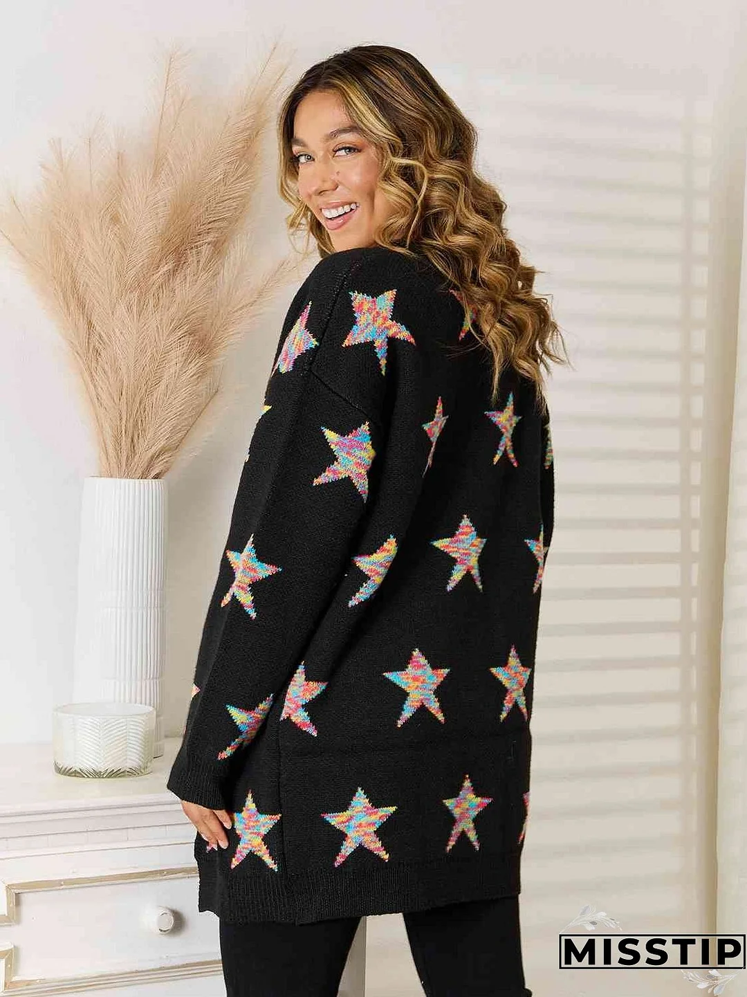 Star Pattern Open Front Cardigan with Pockets