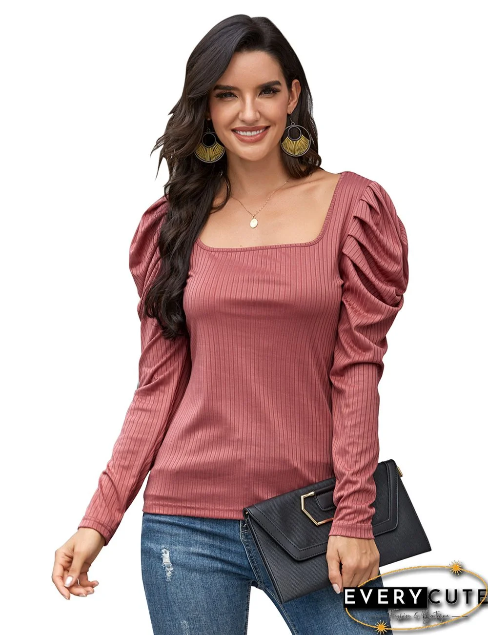 Pink U Neckline Bubble Sleeve Tops