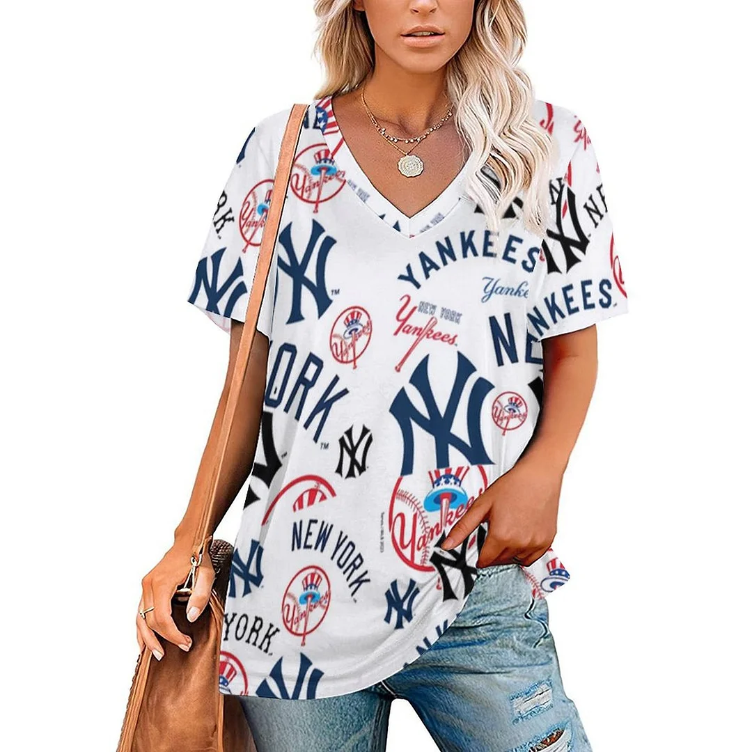 V-neck Short Sleeve Casual T-shirt for  Women Printed with Pattern ,Blue