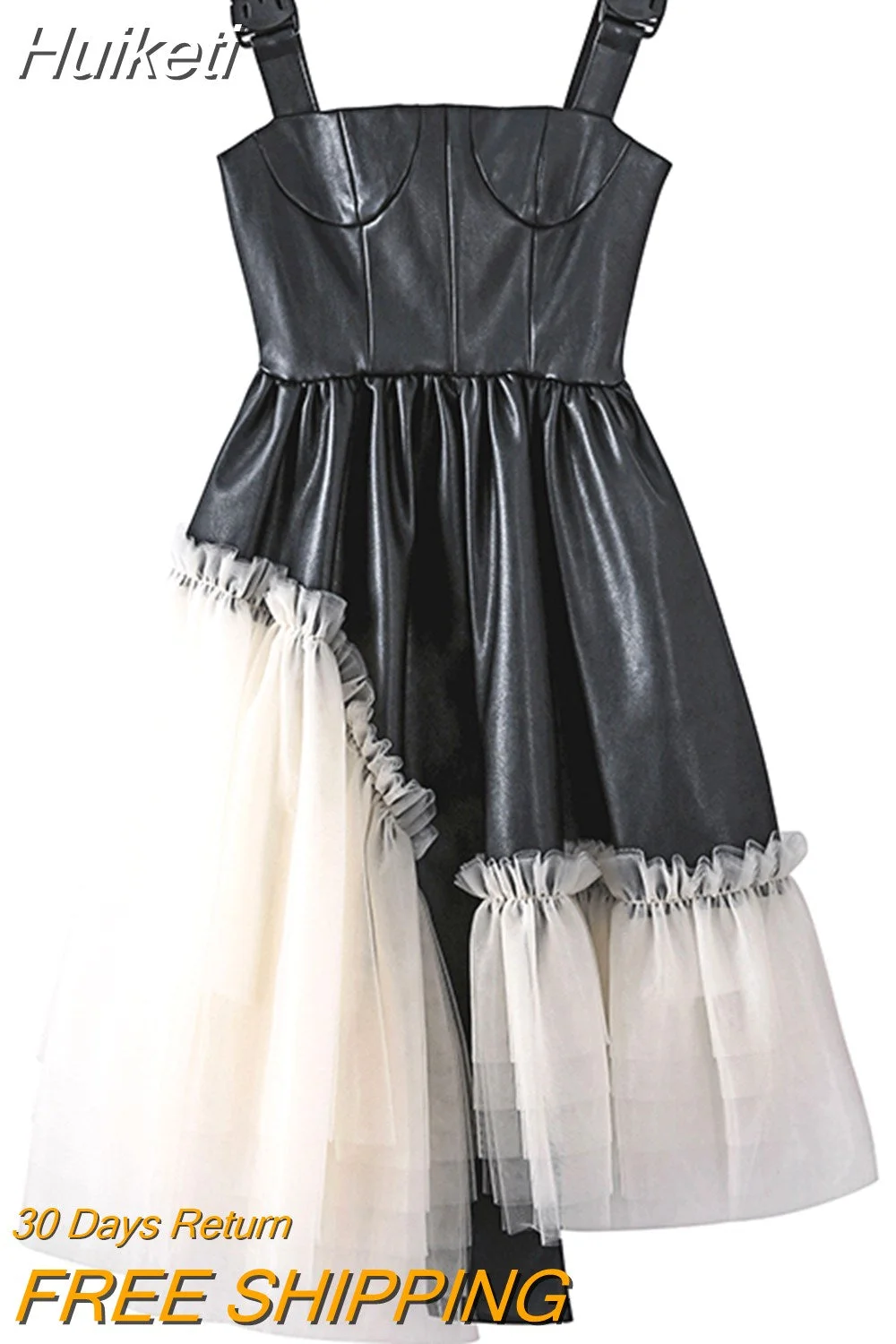 Huiketi Short Lace Patchwork Pu Leather Dress Women Spaghetti Strap Dress Soft Faux Leather Mini Overall Dresses for Women 2023