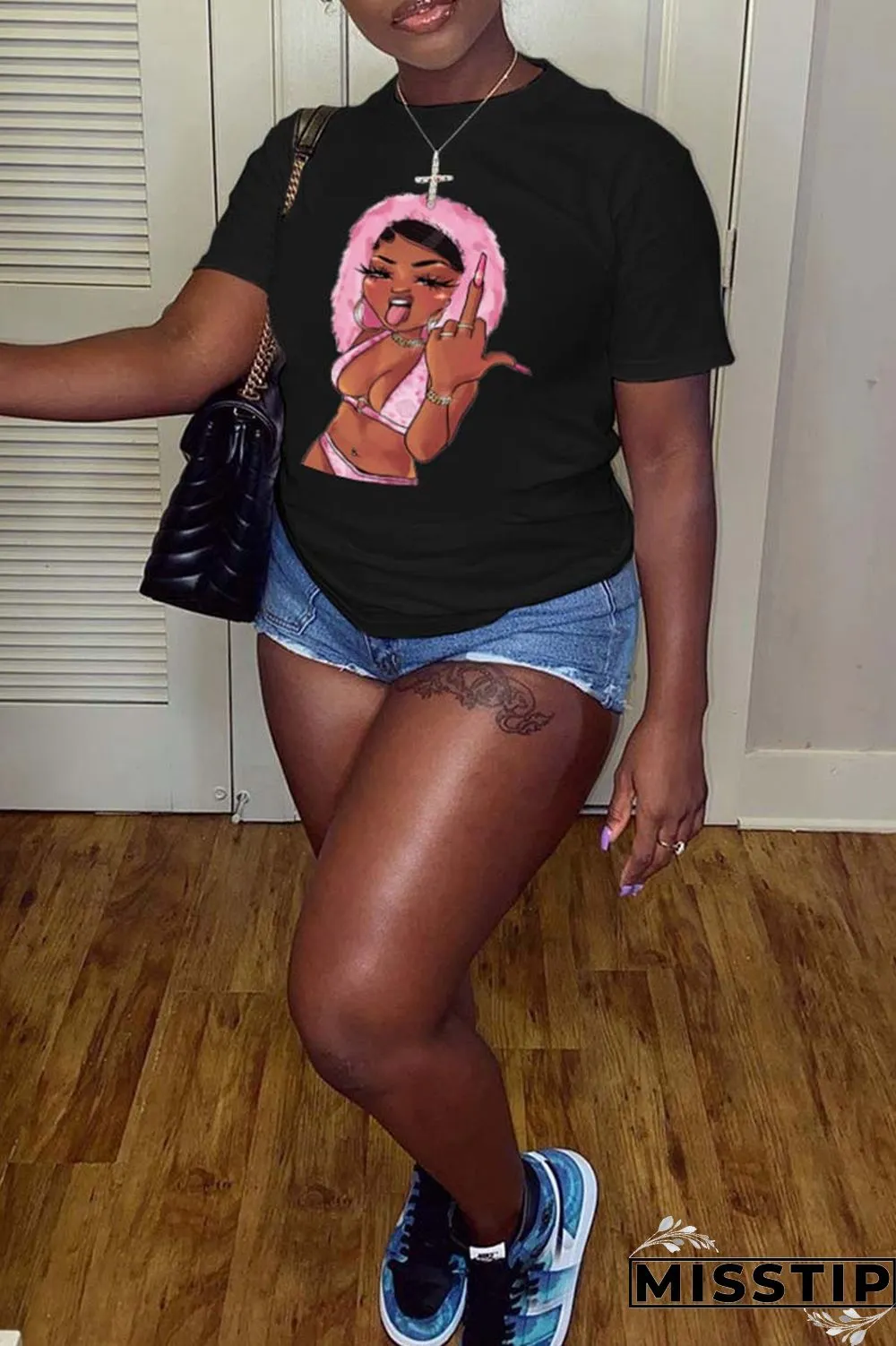 Black Casual Print Basic O Neck T-Shirts