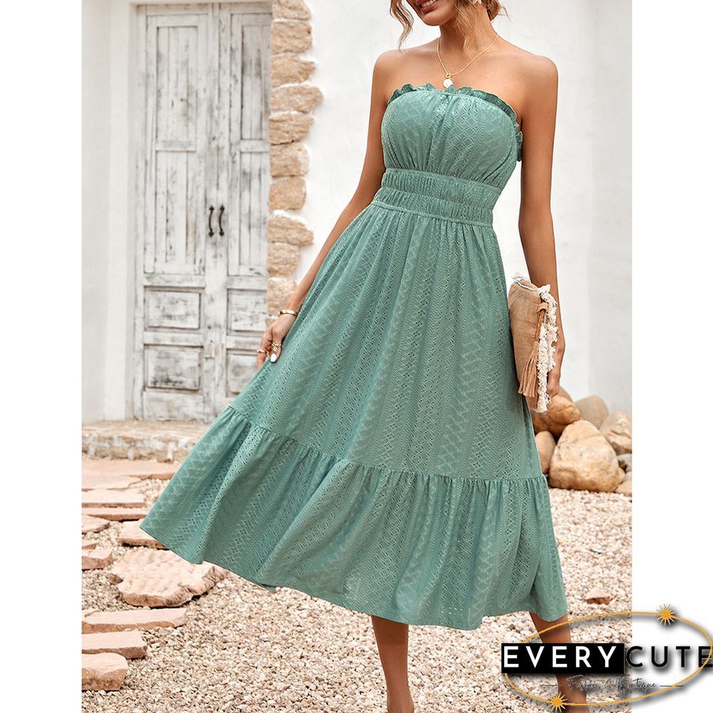 Pea Green Slim Waist Strapless Midi Dress